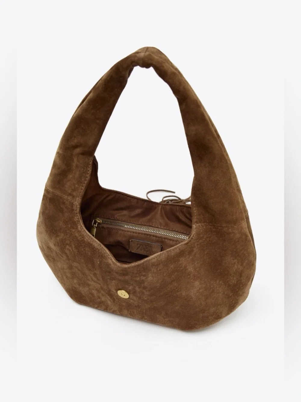 Zara Natural Suede Braided-Trim Fringe Hobo Bag in Brown